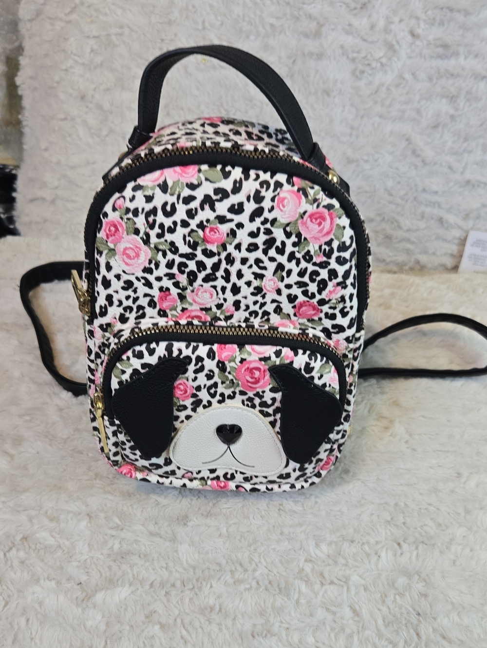 Betsey Johnson Black & Pink Floral Leopard Puppy Mini Backpack NWOT